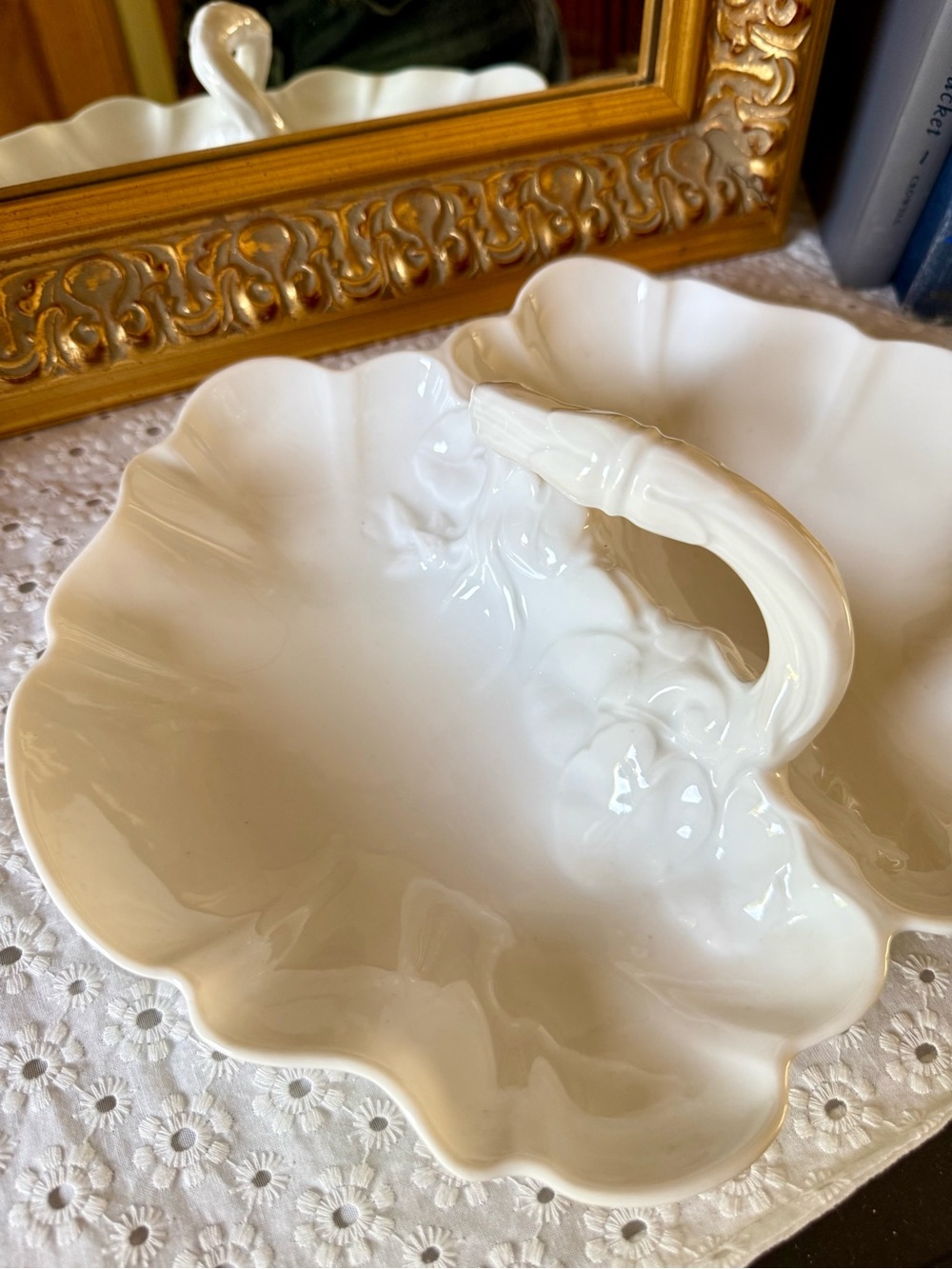 Vintage White Swan Divided Serving Dish 12” Scalloped Ceramic Centerpiece Bowl